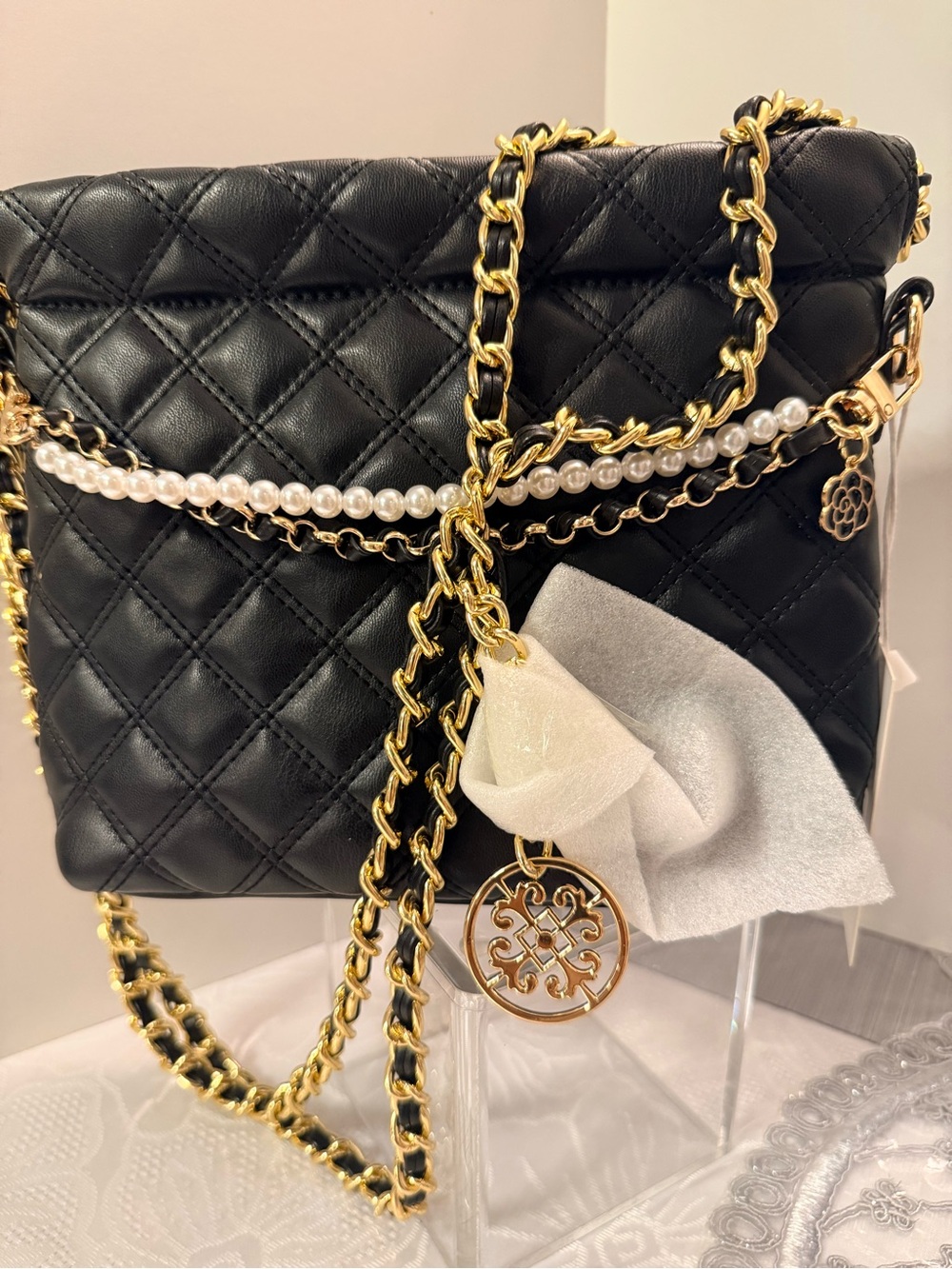 Elegant Black Quilted  Bag with Gold Chain and Pearl Trim